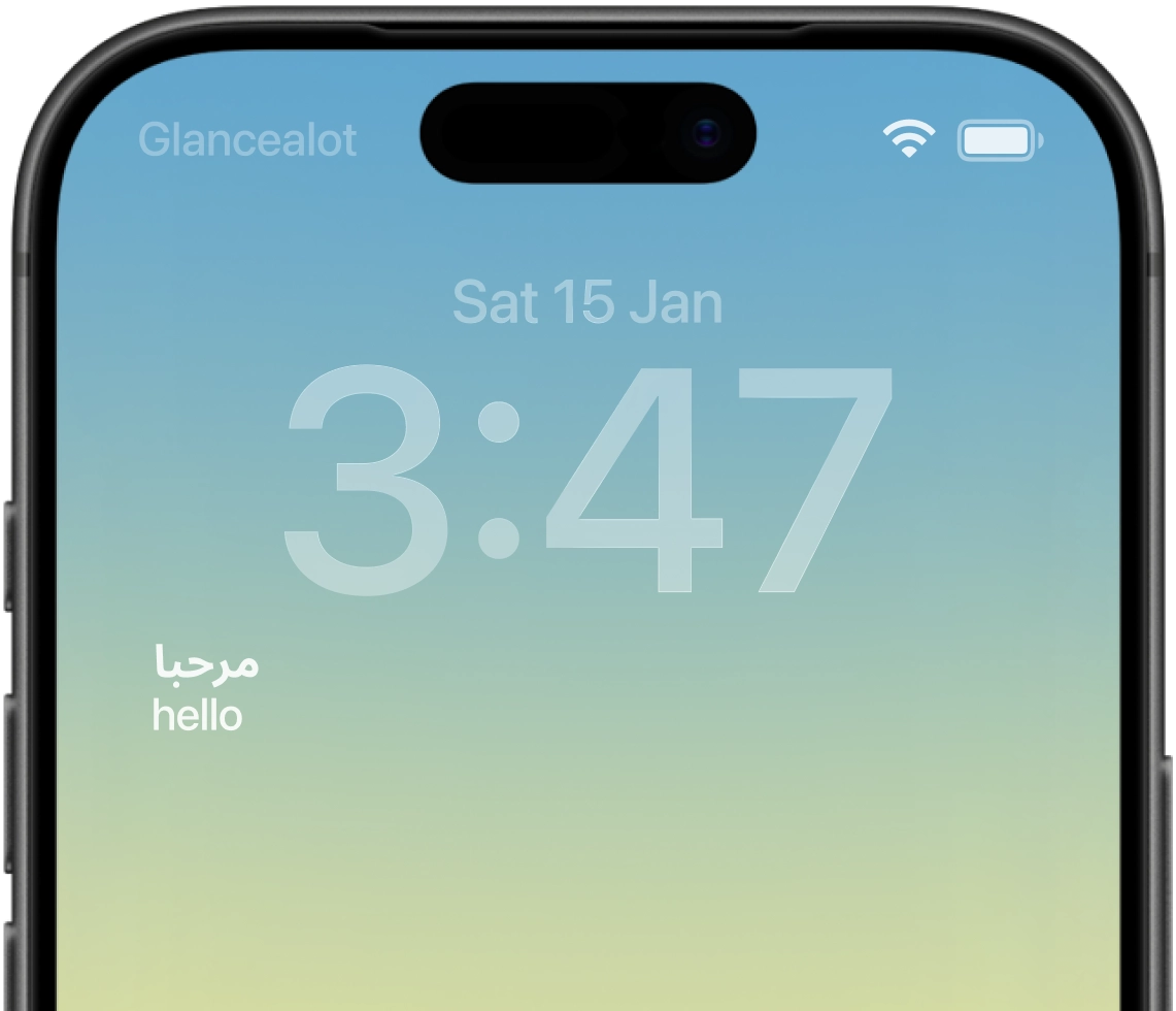 iPhone lock screen showing the Glancealot Arabic vocabulary widget with the word "مرحبا" (marhaban) and its translation "hello"