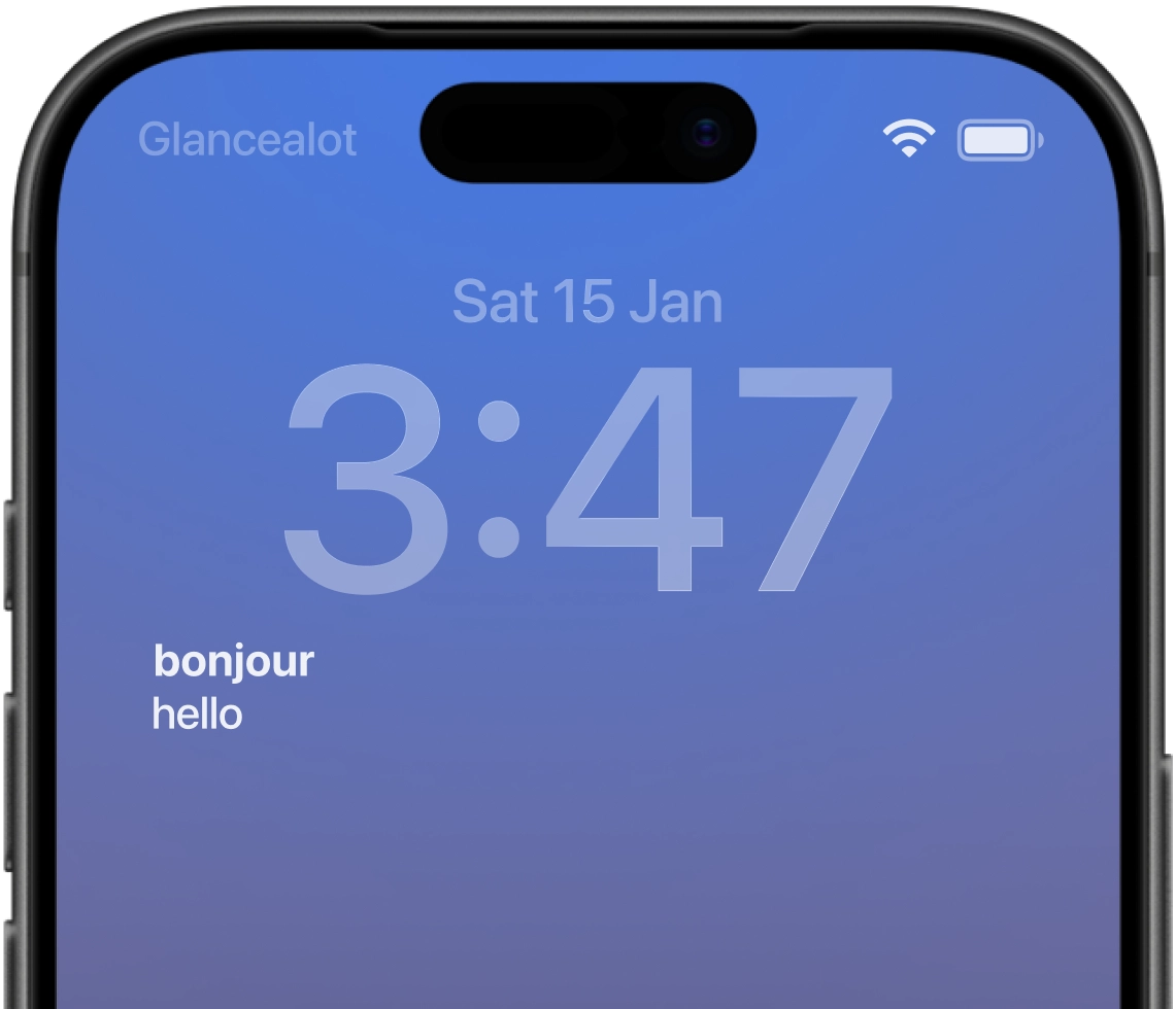 iPhone lock screen showing the Glancealot French vocabulary widget with the word "bonjour" and its translation "hello"