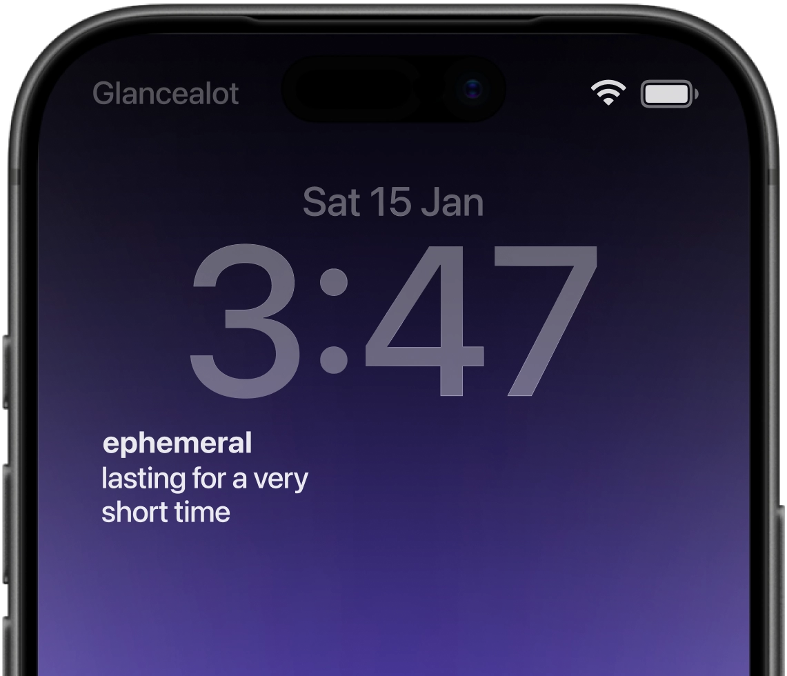 iPhone lock screen showing the Glancealot vocabulary widget with a word and its translation